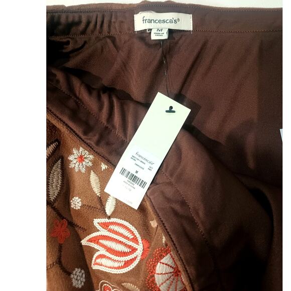 NWT Francesca's Embroidered Floral Suede Poly Mini Size Med Skirt Brown Orange - Picture 10 of 10